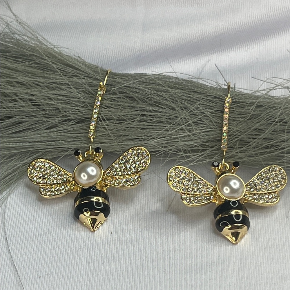 GOLD DANGLE RHINESTONE AND ENAMEL BUMBLEBEE EARRINGS